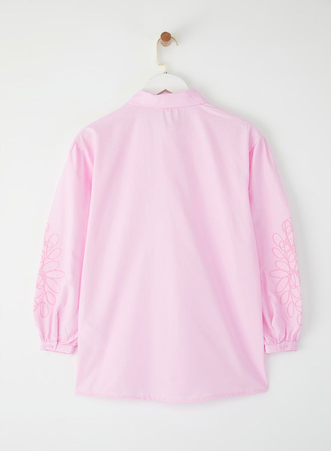 trendyol Pink Oversize Cotton Sleeves with Embroidery Detail Woven Shirt - Image 5