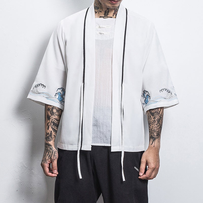 Chinese Style Shirt Mens Loose Cardigan Robe Japanese Style Dragon and Phoenix Crane Embroidery Seven-point Sleeve Hanfu Thin Coat 207 White 