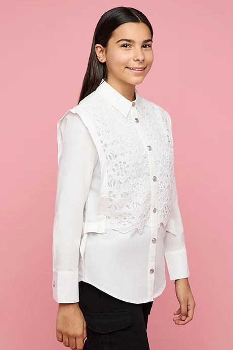 R&B Lace Detail Shirt with Classic Collar and Long Sleeves