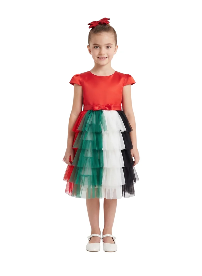 بيداني Kids' National Day Cap-Sleeve Ruffled Flag Color Dress