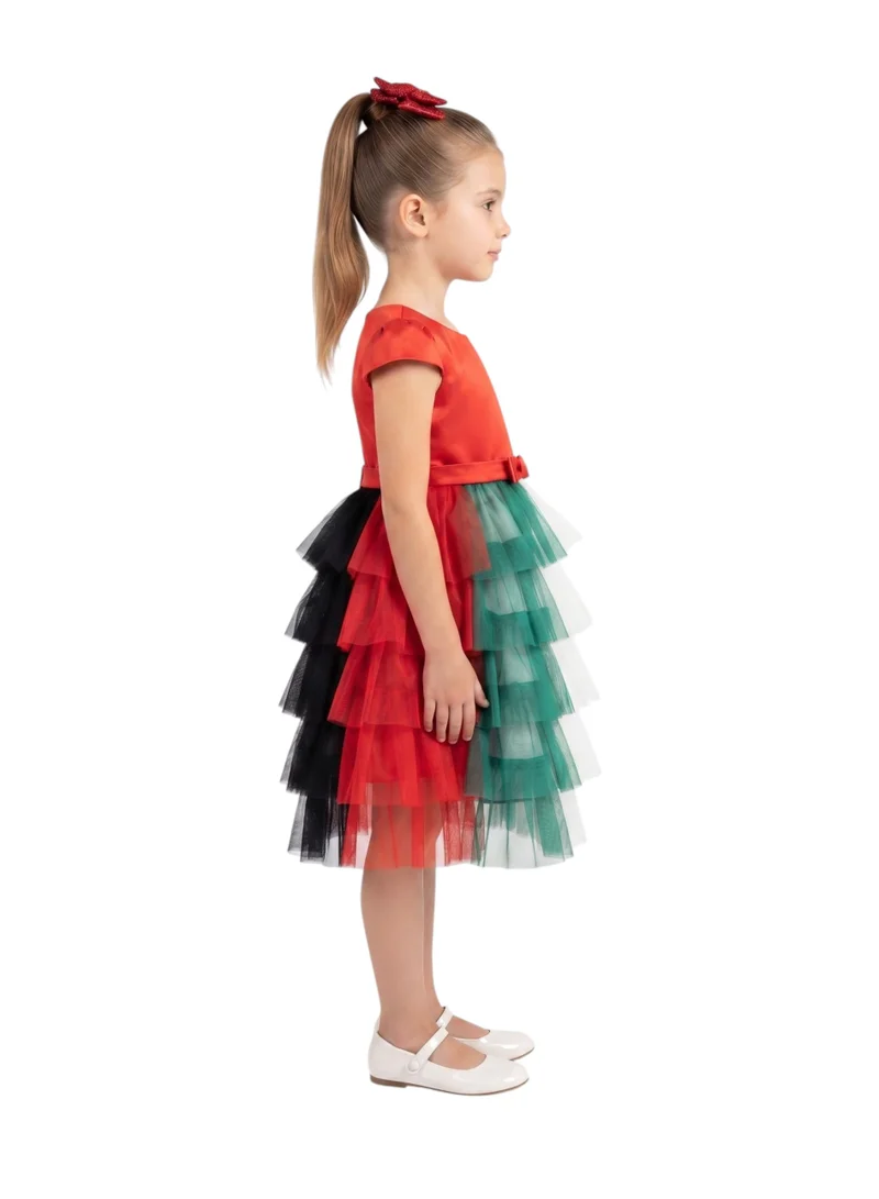 بيداني Kids' National Day Cap-Sleeve Ruffled Flag Color Dress