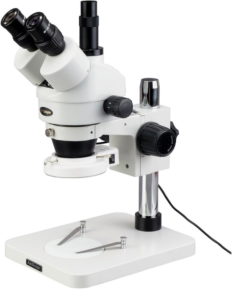 AmScope AmScope SM1TS144S Professional Trinocular Stereo Zoom Microscope WH10x Eyepieces 7X45X Magnification 07X45X Zoom Objective 144Bulb LED Ring Light Pillar Stand 110V240V  - Image 1