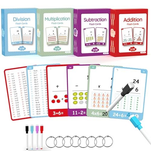 WJPC 220Cards 424Pictures Educational Math Flash Cards Addition Subtraction Multiplication Division Flash Cards for 7891011Years 2ed 3rd4th5th 6th Grade Boys GirlsAdd Sub MUL Div Set - Image 1