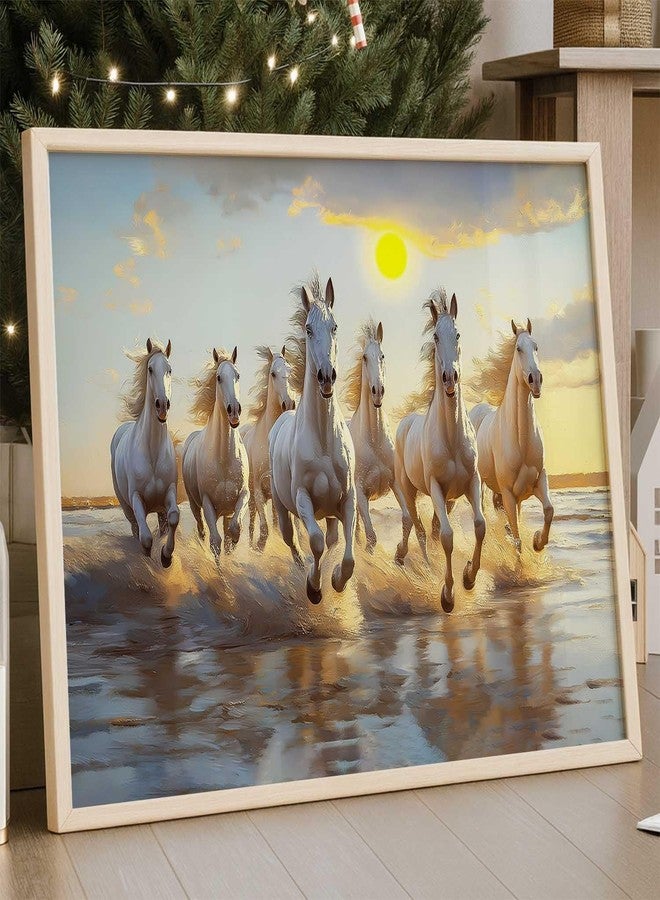 HOTHOUSE 7 Horses Vastu Frame Wall Art Painting for Living Room Bedroom Office Home Décor | Seven Running Vastu Lucky Horse Rising Sun Painting Wall Décor Size (13X17 inch) - Image 1
