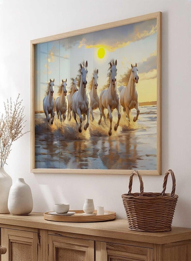 HOTHOUSE 7 Horses Vastu Frame Wall Art Painting for Living Room Bedroom Office Home Décor | Seven Running Vastu Lucky Horse Rising Sun Painting Wall Décor Size (13X17 inch) - Image 2