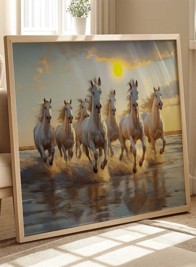 HOTHOUSE 7 Horses Vastu Frame Wall Art Painting for Living Room Bedroom Office Home Décor | Seven Running Vastu Lucky Horse Rising Sun Painting Wall Décor Size (13X17 inch) - Image 3