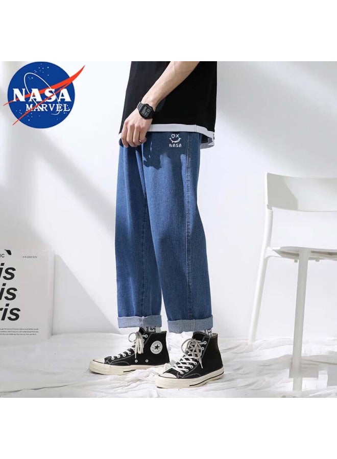 Nasa Marvel Casual Pants For Men, Spring And Autumn Trousers, Trendy Drawstring Straight-leg Jeans, Loose-fitting Men's Wear, Dark Blue, XL