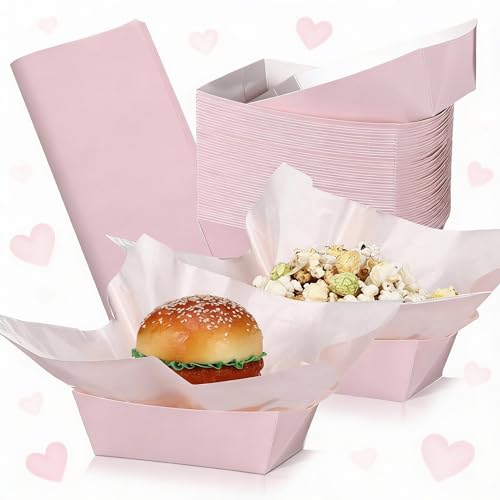 Geosar 100 Pcs Pink Paper Food Trays Bulk Disposable Food Boat with Pink Wax Paper Wrapping Disposable Serving Snack Trays Nacho Plates for Carnival Picnic Birthday Party - Image 1