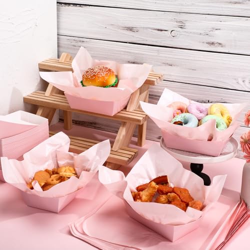 Geosar 100 Pcs Pink Paper Food Trays Bulk Disposable Food Boat with Pink Wax Paper Wrapping Disposable Serving Snack Trays Nacho Plates for Carnival Picnic Birthday Party - Image 4