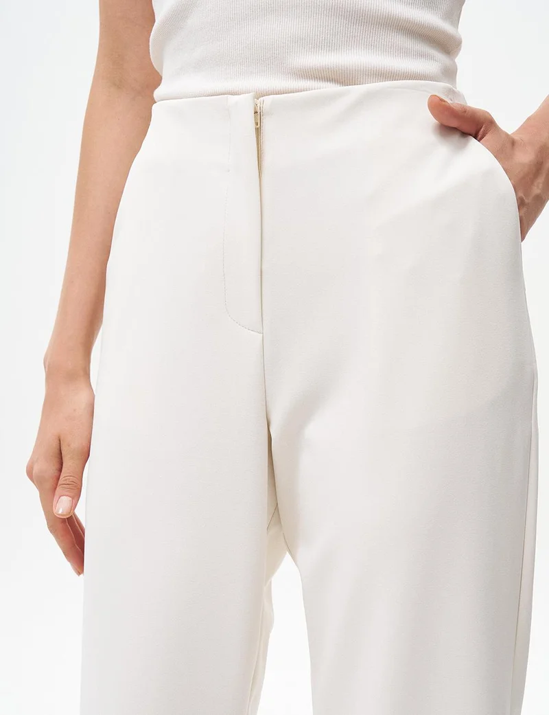 Kayra Basic Trousers with Elastic Waist Ecru