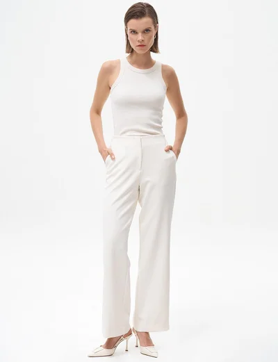 Kayra Basic Trousers with Elastic Waist Ecru
