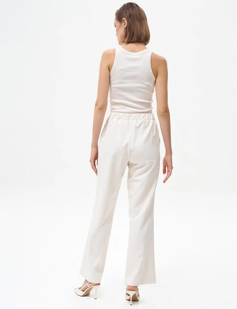 Kayra Basic Trousers with Elastic Waist Ecru