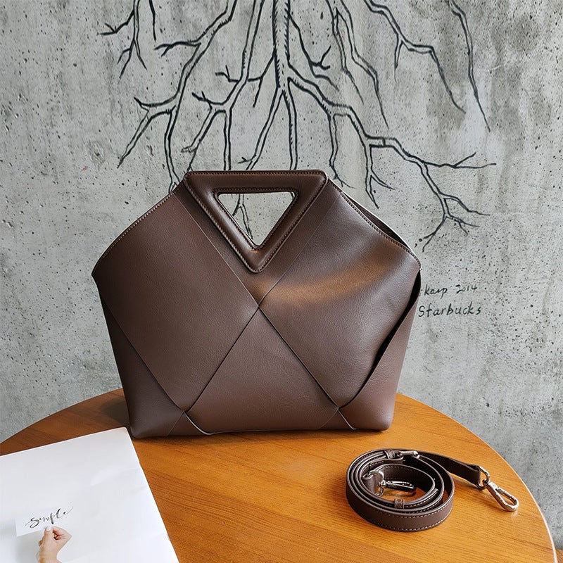 Direct Supply Inverted Triangle Woven Handbag Genuine Leather Fashion Soft Leather Shoulder Crossbody Bag For Women - Image 4