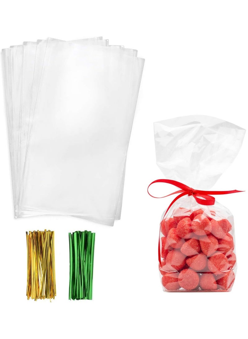 Cellophane Treat Bags, Clear Cellophane Bags 200 Pcs OPP Plastic Treat Bags with 200 Twist Ties for Gift Wrapping,Packaging Candies,Dessert,Bakery, Cookies, Chocolate,Party Favor 15x30 Cm - Image 1