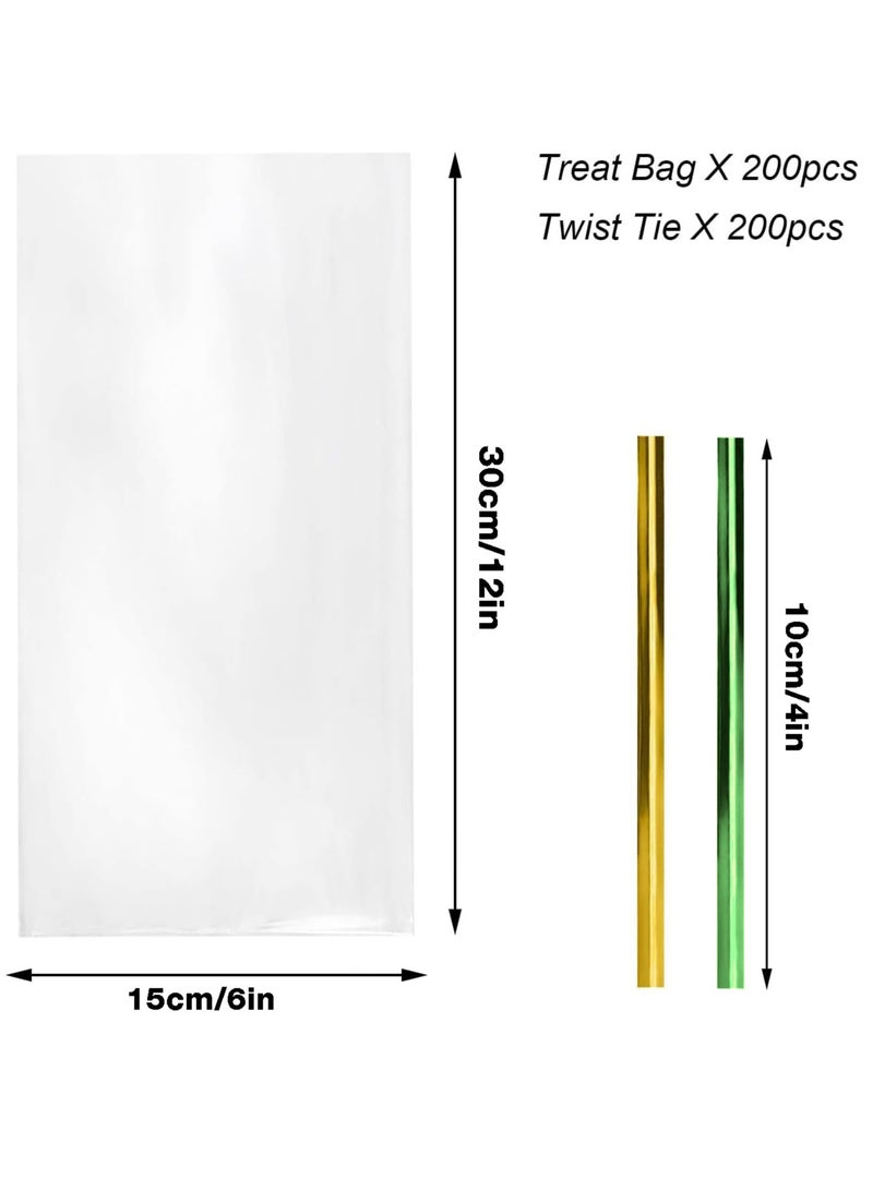 Cellophane Treat Bags, Clear Cellophane Bags 200 Pcs OPP Plastic Treat Bags with 200 Twist Ties for Gift Wrapping,Packaging Candies,Dessert,Bakery, Cookies, Chocolate,Party Favor 15x30 Cm - Image 2