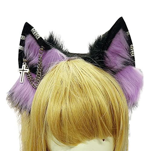 VIGVAN Handmade Wolf Fox Ears Animal Cosplay Cute Head Accessories for Halloween (Chain Black Purple) - Image 2