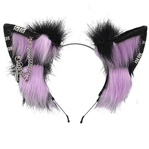 VIGVAN Handmade Wolf Fox Ears Animal Cosplay Cute Head Accessories for Halloween (Chain Black Purple) - Image 1