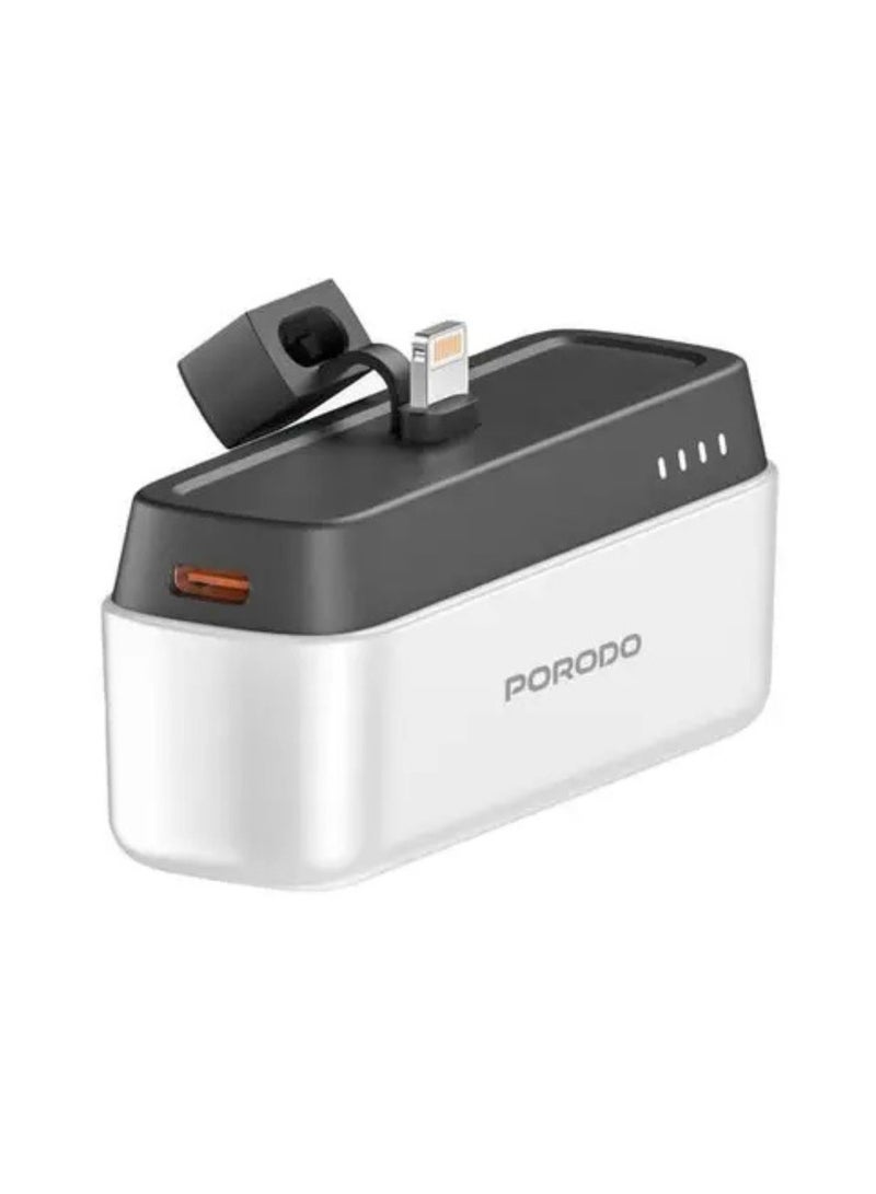 porodo 5000mAh Power Bank with Lightning Connector, Power Delivery 20W, Small & Portable - White - Image 1