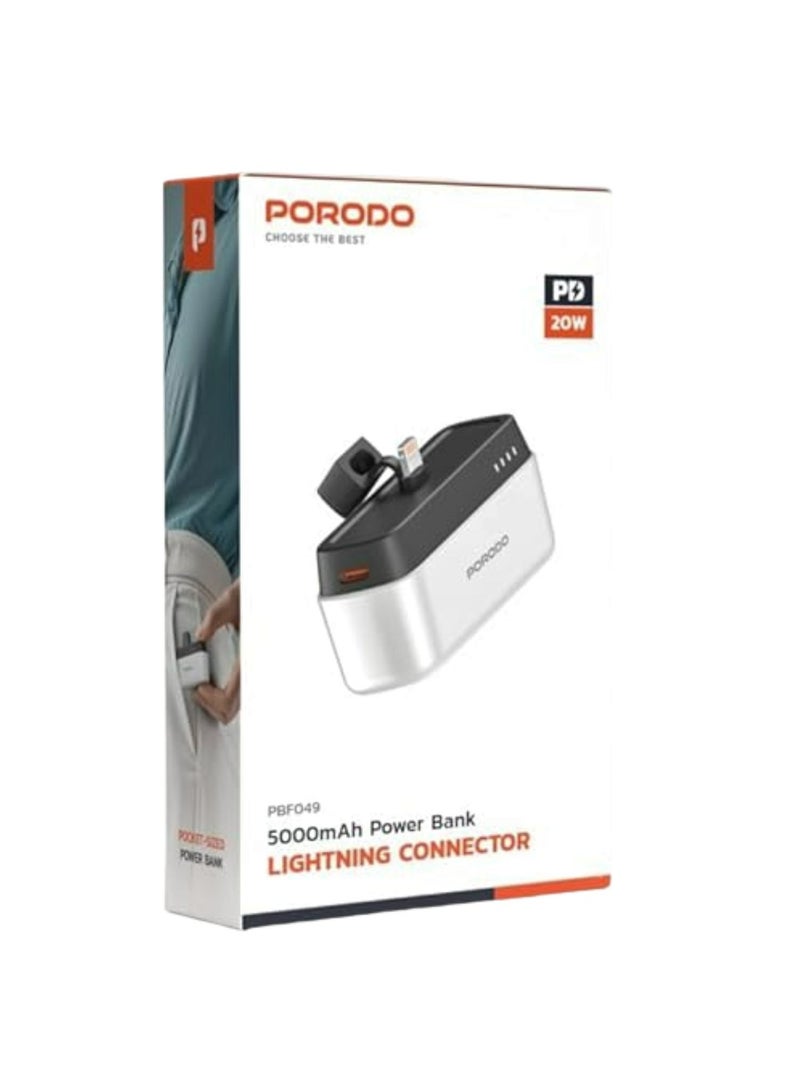 porodo 5000mAh Power Bank with Lightning Connector, Power Delivery 20W, Small & Portable - White - Image 4