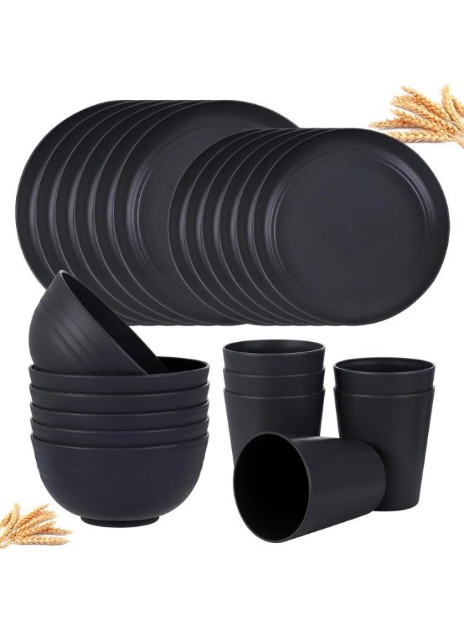 كيلا طقم أطباق عشاء من 24 قطعة من قش القمح، غير قابل للكسر، آمن للاستخدام في الميكروويف وغسالة الأطباق، أطباق سوداء قابلة لإعادة الاستخدام للنزهات وأعياد الميلاد والتخييم - Image 1