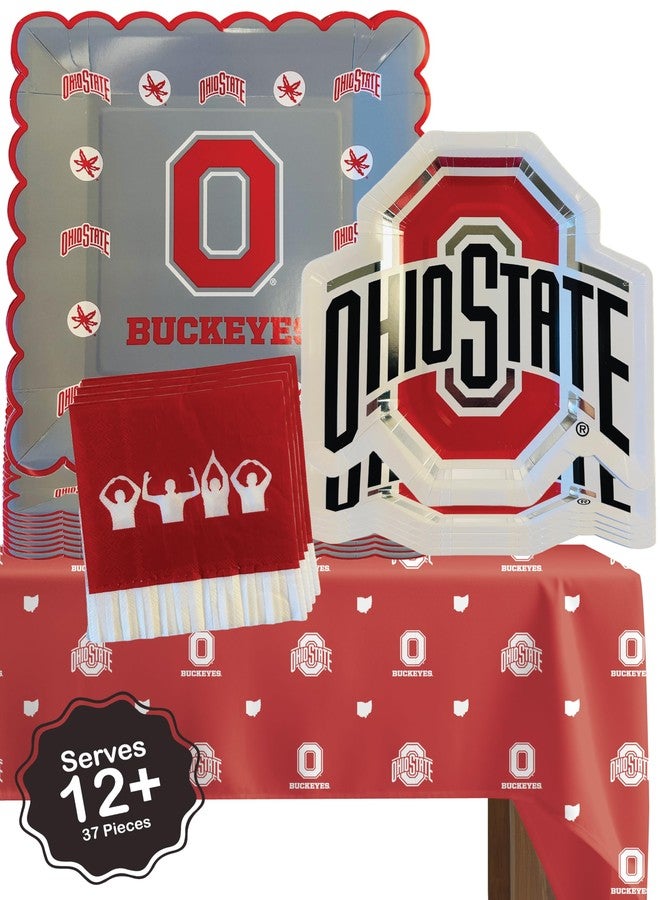 PartyKandy Ohio State party supplies with OSU tablecloth plates and napkins (37 piece set) for graduation, football tailgating, and birthday party decorations (Serves 12) (Ohio State Buckeyes) - Image 1