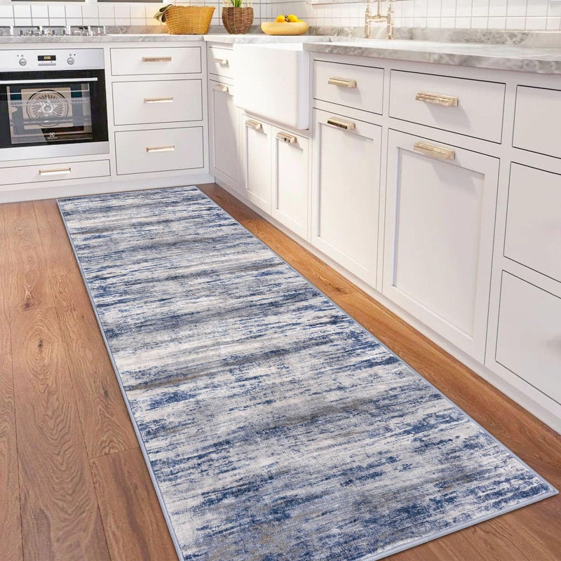 KOZYFLY 3x8 Ft Rug Modern Ombre Runner Rug for Hallway, Washable Kitchen Rugs Non-Slip Soft Striped Entryway Rug, Print Grey-Blue Abstract Carpet for Laundry Nursery - Image 2
