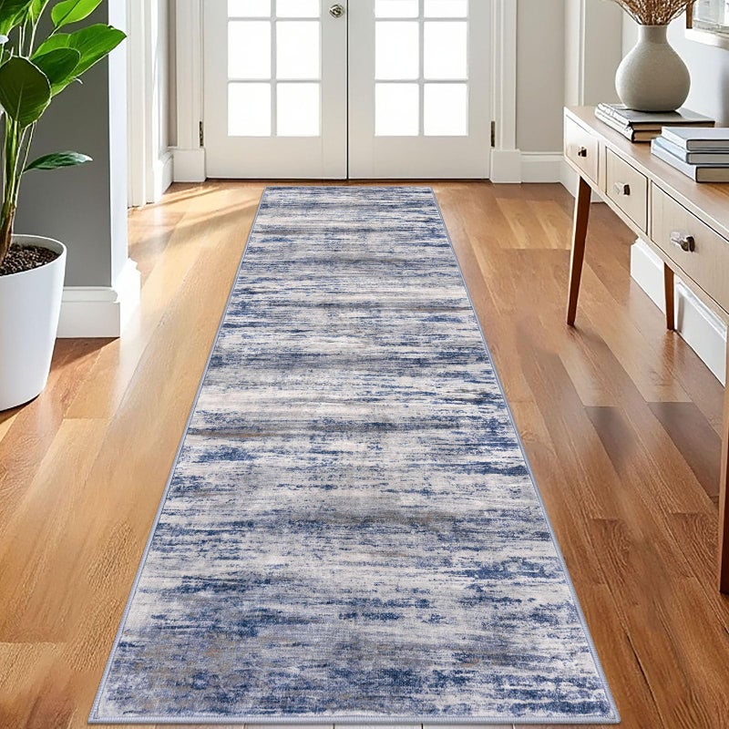 KOZYFLY 3x8 Ft Rug Modern Ombre Runner Rug for Hallway, Washable Kitchen Rugs Non-Slip Soft Striped Entryway Rug, Print Grey-Blue Abstract Carpet for Laundry Nursery - Image 1