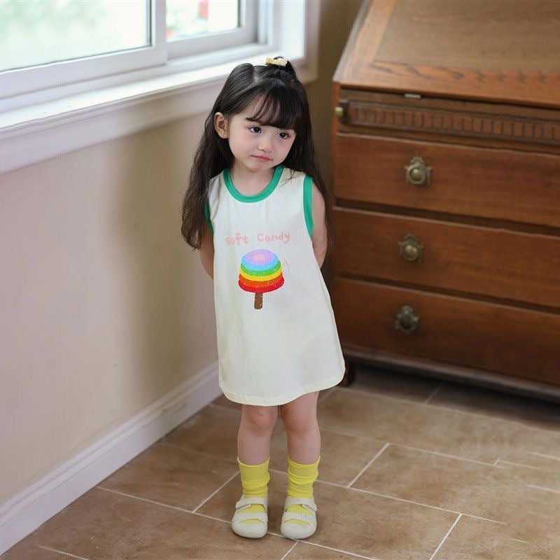 Baby Striped Vest Small Childrens Girl Summer 2024 New Sleeveless Cartoon Cute Vacation Casual T-shirt dress Leucorrhea green [rainbow sugar]] 