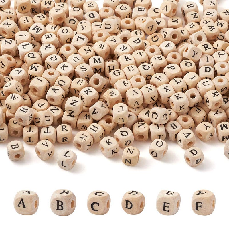 KISSITTY 520pcs/bag Cube Wood Beads with Initial 26 Letters 10mm Natural Square Alphabet Wooden Loose Beads for Jewelry DIY Crafts Making PapayaWhip - Image 1