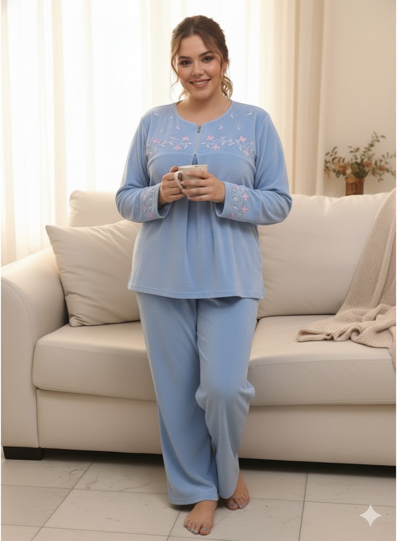 زيكوتكس  طقم بيجامة نسائية قطيفة ناعمة قطعتين - توب بأكمام طويلة ومطرز وبنطلون مريح - Image 1