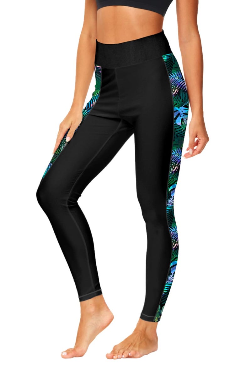 Deerose Women Swimming Pants Tropical High Waisted Surf High Waisted Swimming Tights Wetsuit Pants Swim Bottom 2XL Green Leaves