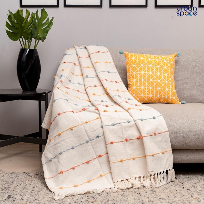 Urban Space Handmade Pure Cotton Sofa Throw Blanket, Soft Decorative Throw for Living Room, Sofa, Chair and Couch, Reversible and Breathable Throw with Tassels (Size- 125 cm x 150 cm, Boho White) - Image 2
