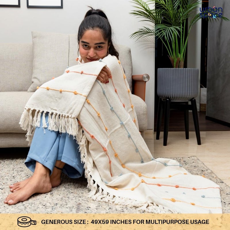 Urban Space Handmade Pure Cotton Sofa Throw Blanket, Soft Decorative Throw for Living Room, Sofa, Chair and Couch, Reversible and Breathable Throw with Tassels (Size- 125 cm x 150 cm, Boho White) - Image 5