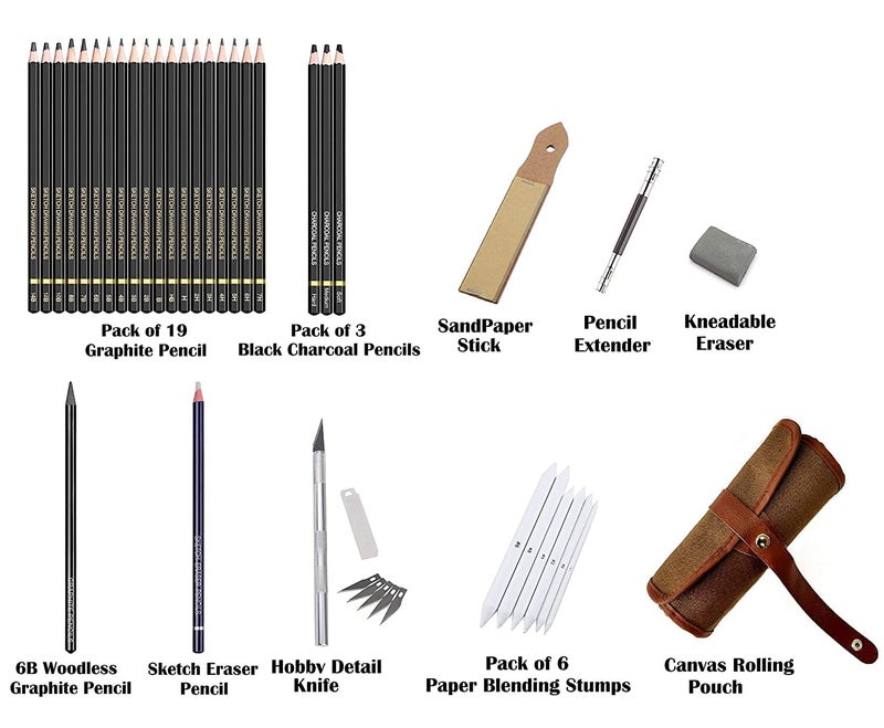 Art Ranger Art Sketching Kit Graphite Charcoal Drawing Pencil Set For Artist Kit Painting Shading Sketch Kit For Kids&Adults With Roll-Up Case(35 Pcs)Contains,Graphite Pencil ,Charcoal Pencil,Woodless Graphite,Eraser Pencil,Paper Stump,Pencil Extender,Sand Paper ,Kneadable Eraser,Detail Knife - Image 2