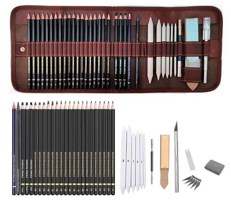 Art Ranger Art Sketching Kit Graphite Charcoal Drawing Pencil Set For Artist Kit Painting Shading Sketch Kit For Kids&Adults With Roll-Up Case(35 Pcs)Contains,Graphite Pencil ,Charcoal Pencil,Woodless Graphite,Eraser Pencil,Paper Stump,Pencil Extender,Sand Paper ,Kneadable Eraser,Detail Knife - Image 1