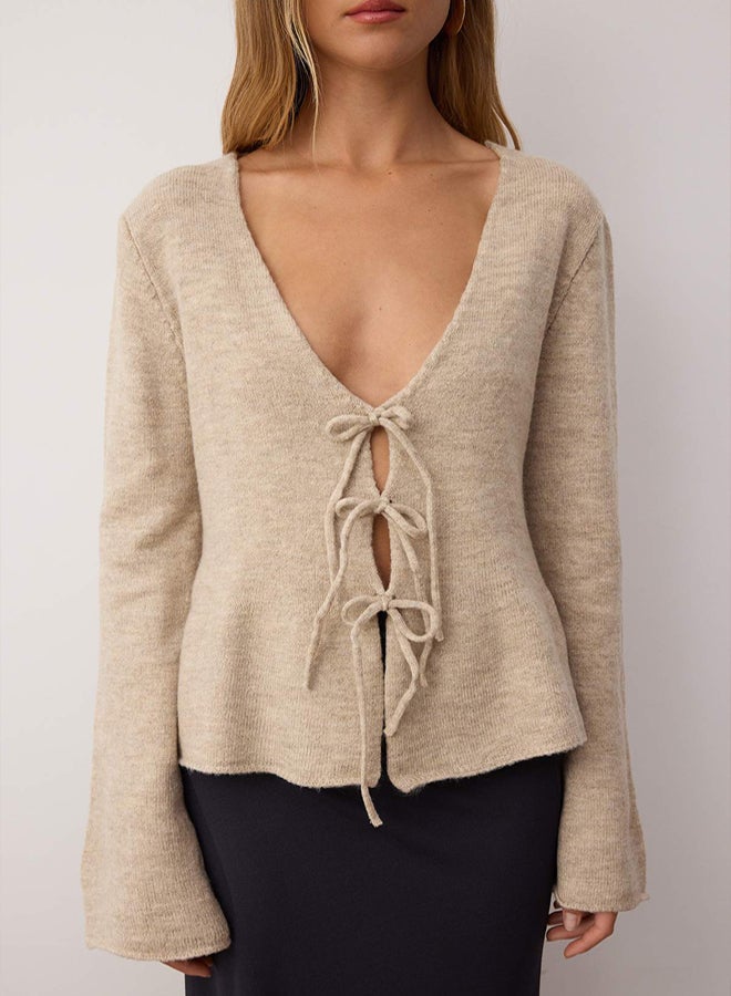 trendyol Mink V-Neck Soft Textured Knitwear Cardigan - Image 3