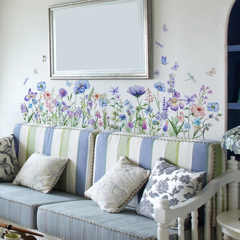 Incholl 2 Pieces Purple Flowers Wall Decals Vinyl Purple Flowers Wall Stickers Removable Floral Art Murals Peel and Stick Colorful Decor for Girls Bedroom Living Room Nursery - Image 4