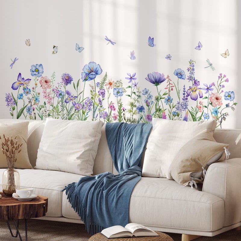 Incholl 2 Pieces Purple Flowers Wall Decals Vinyl Purple Flowers Wall Stickers Removable Floral Art Murals Peel and Stick Colorful Decor for Girls Bedroom Living Room Nursery - Image 1