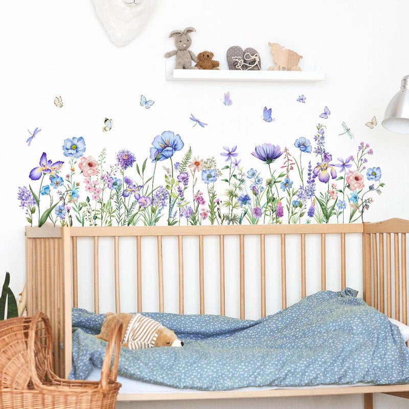 Incholl 2 Pieces Purple Flowers Wall Decals Vinyl Purple Flowers Wall Stickers Removable Floral Art Murals Peel and Stick Colorful Decor for Girls Bedroom Living Room Nursery - Image 3