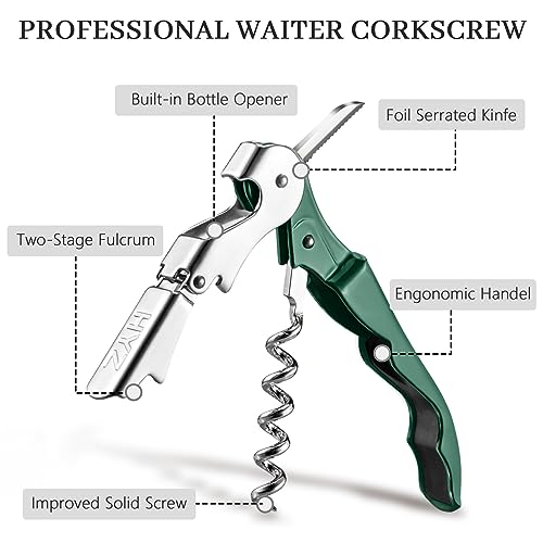 HYZ 2-Pack Wine Opener Waiter Corkscrew, Professional Wine Key for Servers, Bartender with Foil Cutter, Manual Wine Bottle Opener Double Hinged (Dark Green) - Image 2