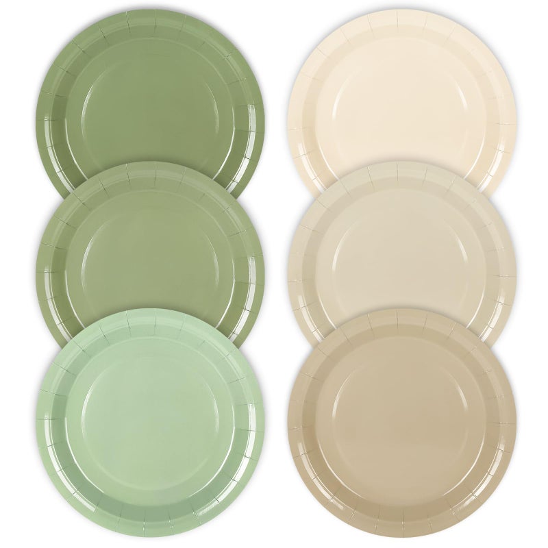 Whaline 60Pcs Nude Sage Green Paper Plates 9 Inch Gradient Color Round Plates White Brown Green Disposable Plates for One Lucky Duck Party Wedding Baby Shower Tableware Supplies