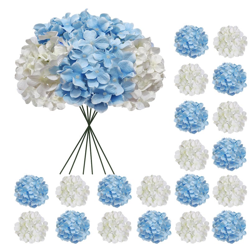 Cherica 20 Pcs Blue and White Hydrangea Artificial Flowers Bulk Faux Hydrangea Flowers Heads Artificial Fake Silk Hydrangea Flowers with Stems White Flowers Artificial for Decoration Wedding Dcor - Image 2