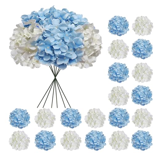 Cherica 20 Pcs Blue and White Hydrangea Artificial Flowers Bulk Faux Hydrangea Flowers Heads Artificial Fake Silk Hydrangea Flowers with Stems White Flowers Artificial for Decoration Wedding Dcor - Image 1