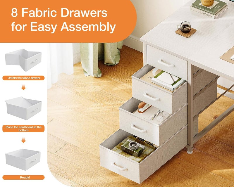 Coleshome Computer Desk with Fabric Drawers, 140x48cm Modern Office Desk with Storage, PC Study Table for Home Office、Bedroom or Living Room, White - Image 4