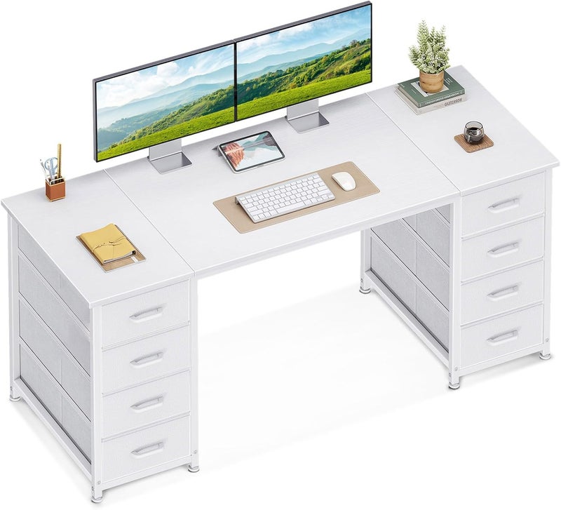 Coleshome Computer Desk with Fabric Drawers, 140x48cm Modern Office Desk with Storage, PC Study Table for Home Office、Bedroom or Living Room, White - Image 1