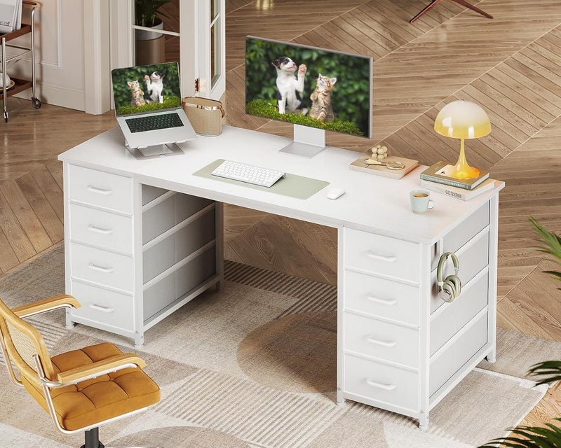 Coleshome Computer Desk with Fabric Drawers, 140x48cm Modern Office Desk with Storage, PC Study Table for Home Office、Bedroom or Living Room, White - Image 2