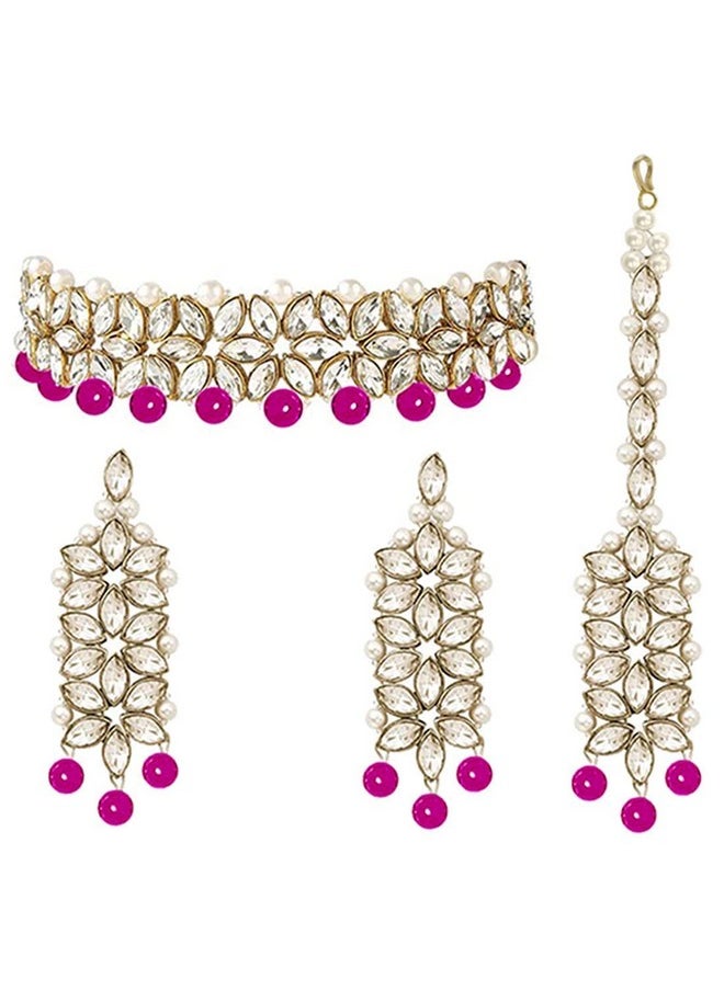 Aheli - Faux Stone Studded Wedding Party Wear Bridal Choker Necklace With Maang Tikka Set Indian Traditional Fashion Jewelry For Women Rani Pink - Image 1