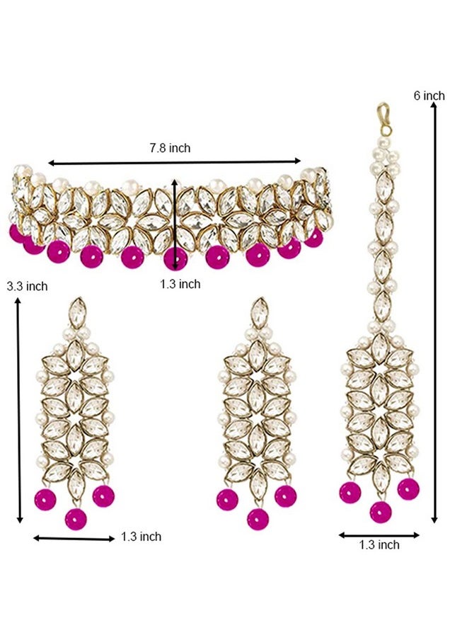 Aheli - Faux Stone Studded Wedding Party Wear Bridal Choker Necklace With Maang Tikka Set Indian Traditional Fashion Jewelry For Women Rani Pink - Image 1