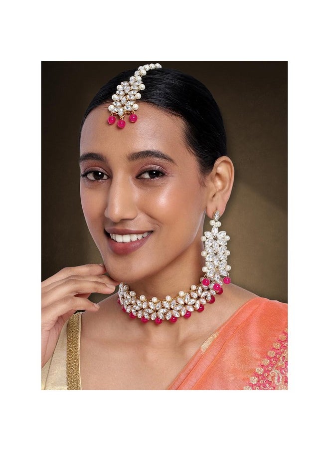 Aheli - Faux Stone Studded Wedding Party Wear Bridal Choker Necklace With Maang Tikka Set Indian Traditional Fashion Jewelry For Women Rani Pink - Image 1