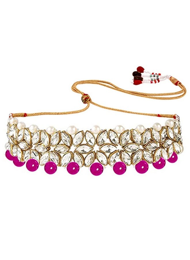 Aheli - Faux Stone Studded Wedding Party Wear Bridal Choker Necklace With Maang Tikka Set Indian Traditional Fashion Jewelry For Women Rani Pink - Image 1